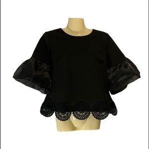 Vivid Importers Blouse Statement Puffed Sleeves Lace Detail Classy Black Medium